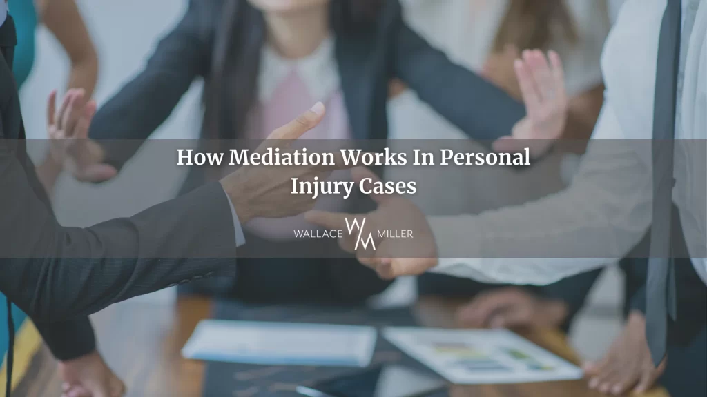 A woman with outstretched arms against two arguing men shows how mediation works in personal injury cases.
