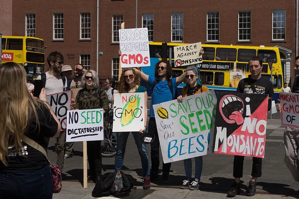 a group of people protesting against gmos