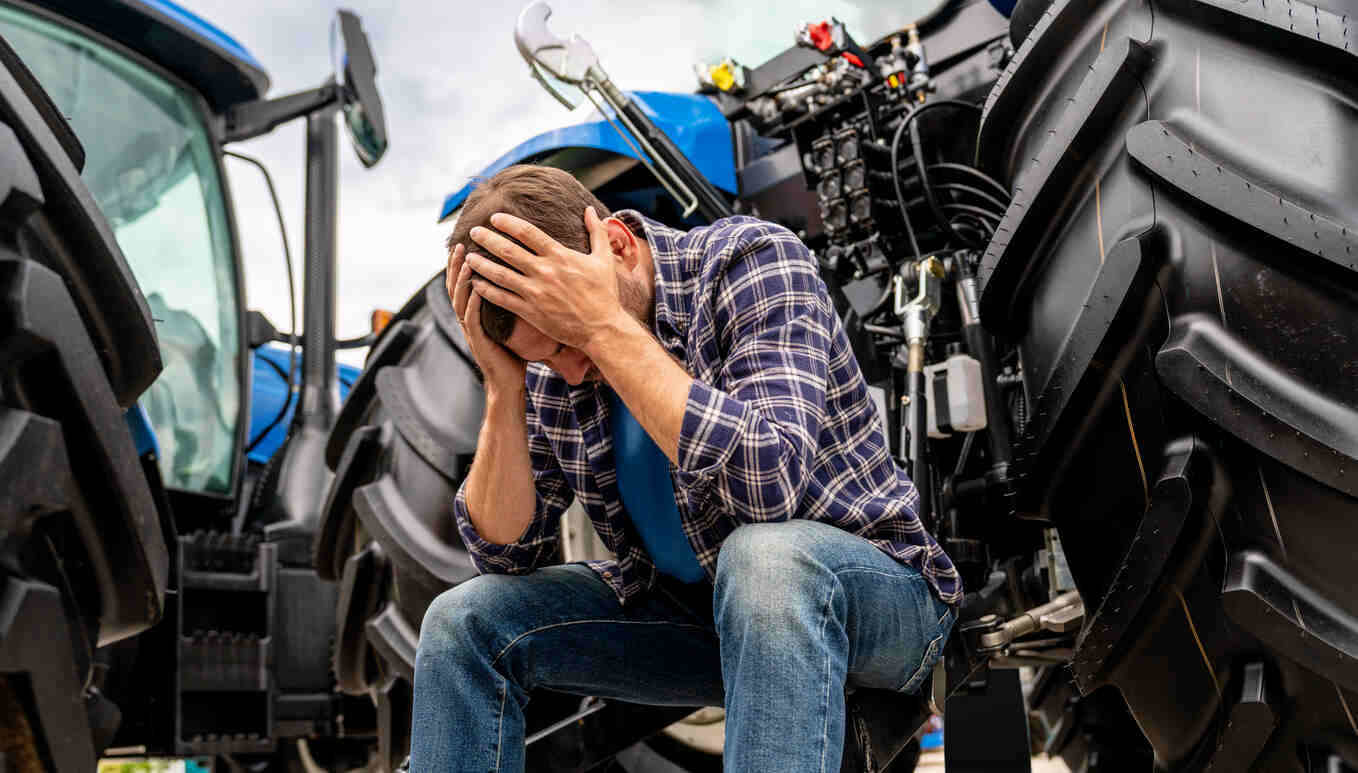 Man looking upset while sitting by damaged farm machinery, symbolizing a tractor accident injury.