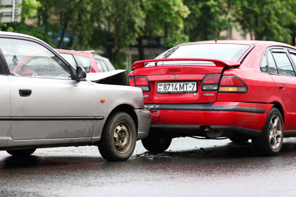 Two cars involved in a multi-vehicle pileup in Chicago, showcasing complex collision and liability issues in car accidents.